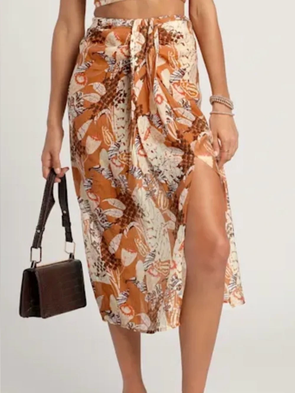 Lulus Something Wild Brown Multi Print Twist-Front Midi Skirt - L